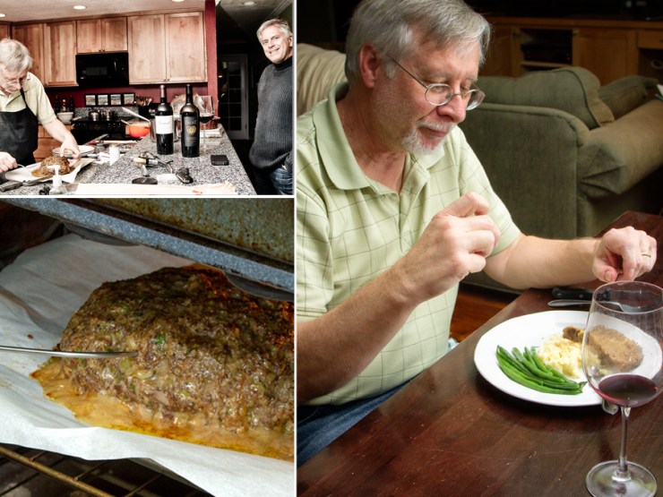 Our friend and his wine, meatloaf in the oven and Yes!Chef! sits down to dinner
