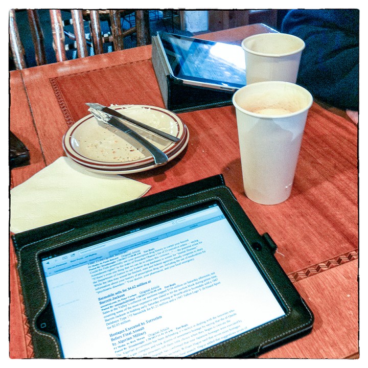 Bagels (already eaten), lattes, ipads for two