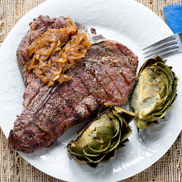 Grilled steak, caramelized onions, roasted artichokes
