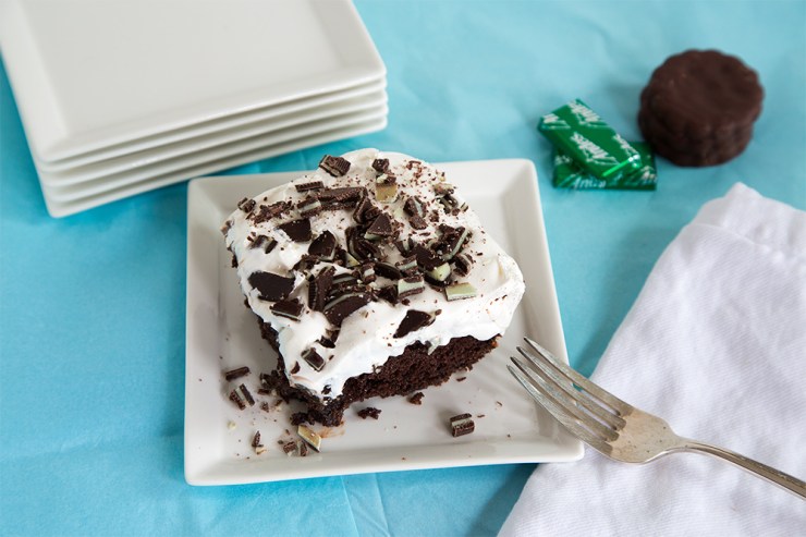 Chocolate Mint Poke Cake uses Andes Candies and Chocolate Mint Cookies