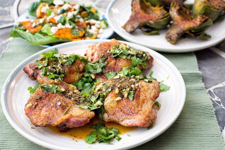 Barbecued Chile Lime chicken with honey lime cilantro sauce.