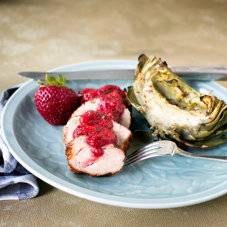 Grilled Pork Loin with spicy rub and strawberry sauce