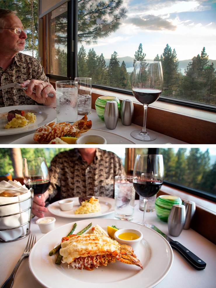 View of lake from our window (top) lobster dinner and steak and potatoes dinner (bottom)
