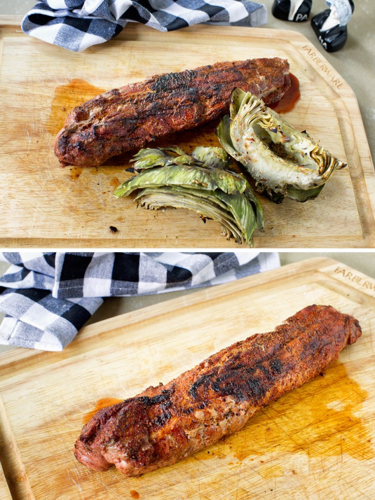 Seasoned, grilled pork loin with grilled artichokes