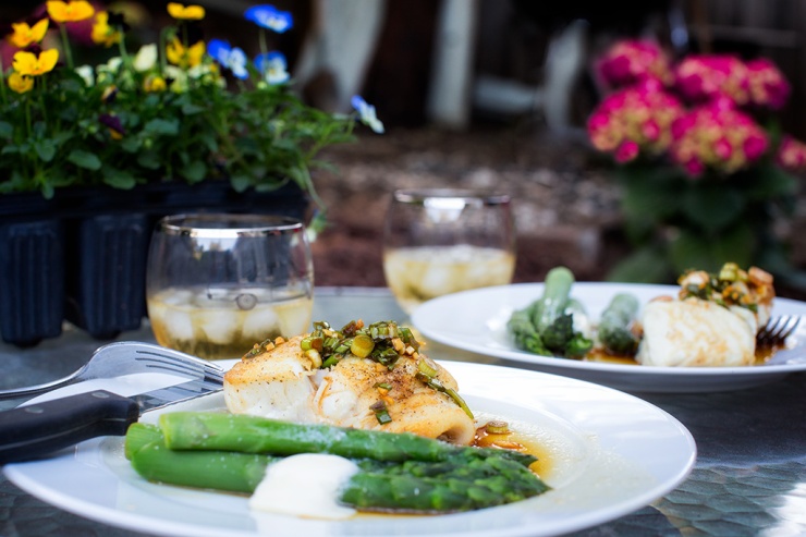 Halibut with Ginger Garlic Sauce and asparagus on the terrace