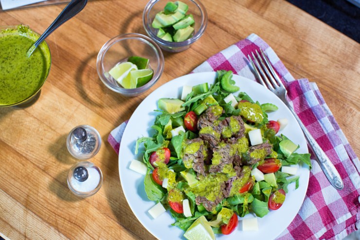 Marinated grilled skirt steak salad with cilantro-lime dressing