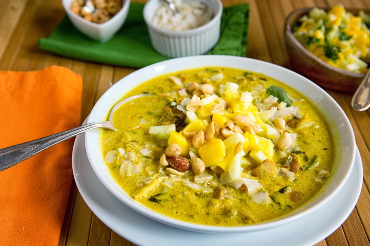 Mulligatawny Soup with coconut, apple and mango salsa, and peanuts