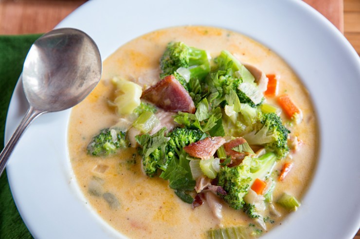 Broccoli Cheese Soup with Smoked Chicken and Bacon