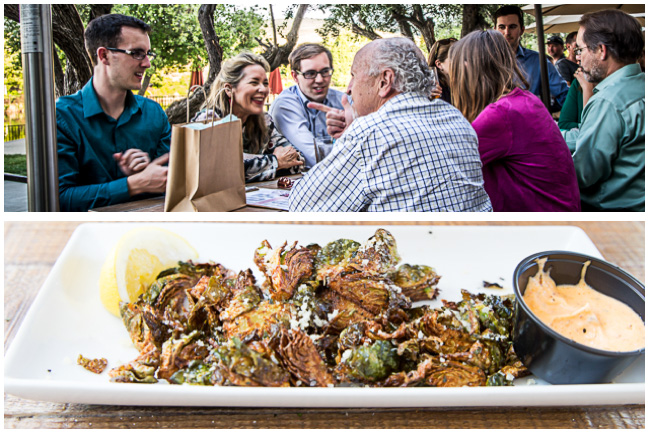 Celebrating my son-in-law's (turquoise shirt) graduation (top).  Fried Brussels Sprouts with Sriracha Aioli 